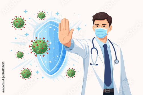 Male Doctor Wearing Medical Face Mask and White Coat Holding Up Hand to Stop Coronavirus with a Glowing Protective Shield, Healthcare Professional Defending Against Viral Infection Illustration.
