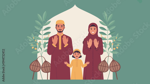 Muslim family praying in peaceful flat illustration with soft green and warm tones vector graphic for Islamic holidays and family celebration.