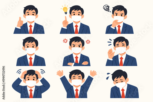 Flat vector illustration set of a young businessman in a blue suit wearing a medical face mask, expressing diverse emotions including joy, anger, sadness, confusion, and inspiration with icons.
