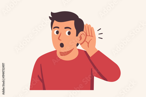 Flat Vector Illustration of a Nosy Man with Hand to Ear Gesture Listening Carefully to Secret Gossip or News with a Surprised Expression, Concept of Eavesdropping, Curiosity and Paying Attention
