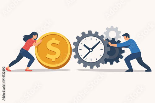 Business Concept Illustration of a Woman Pushing a Large Gold Dollar Coin and a Man Pushing Clock Gears Representing Time is Money, Financial Management, Productivity, and Teamwork Efficiency
