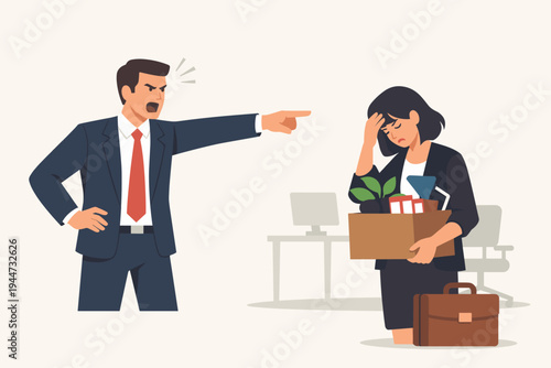 Angry businessman boss shouting and pointing at a sad female employee being fired in office, woman holding a cardboard box of personal belongings leaving her job after dismissal vector illustration