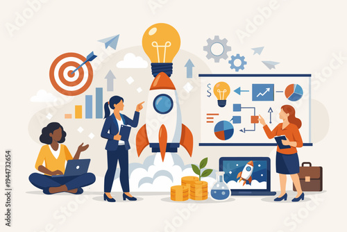 Businesswomen Collaborating on a Successful Startup Strategy with Rocket Launch and Lightbulb Idea Illustration. Teamwork, Innovation, and Financial Growth Concept in a Modern Flat Vector Design.
