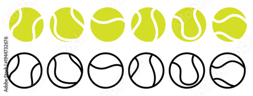 Tennis ball icon in linear and clipart style pack. Tennis ball icon set. Set of Tennis ball for sport, activity and game. Ball pictogram. Tennis ball sport collection. Flat minimal sport elements. 