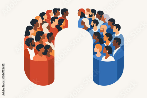 Diverse group of multiethnic people arranged in a magnet shape, representing social attraction, political polarization, community unity, and human connection in a flat vector art style.