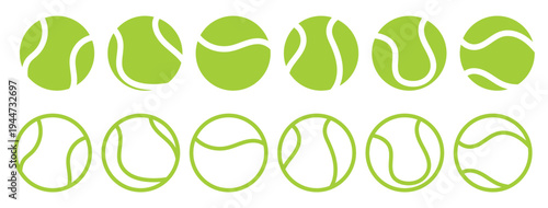 Tennis ball icon in linear and clipart style pack on white background. A vector icon set of tennis and padel balls, showcasing both filled and outline styles for sports design. Set with tennis balls. 