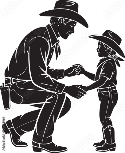 Cowboy Father and Child Holding Hands Vector Illustration