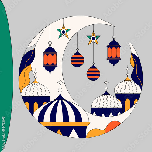 Ramadan kareem crescent moon lanterns and mosques in blue white and orange hues on gray background with green accent