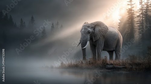 Single white gray elephant standing by misty water with forest trees and dramatic light ray