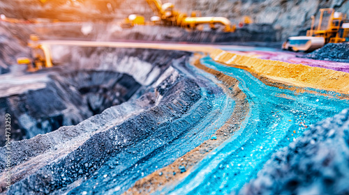 Majestic panorama of expansive open-pit mine revealing vibrant, multi-layered mineral deposits, with heavy industrial machinery actively excavating precious earth resources under sunlit sky.