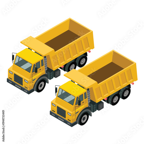 Two Yellow Dump Trucks Isometric Detailed Bright Clear Vector Illustration for Construction and Transportation Design