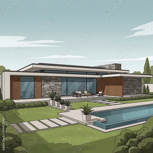 Modern house with swimming pool and garden.