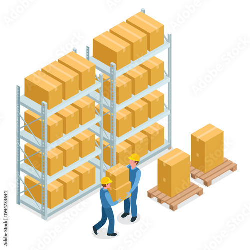 Warehouse workers moving boxes in an isometric illustration with efficient operation and bright clean colors as a vector graphic for logistics and supply chain management.