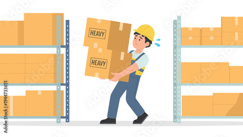 Warehouse worker carrying heavy boxes, struggling cartoon illustration with bright flat colors, vector graphic for workplace safety and manual labor risks.