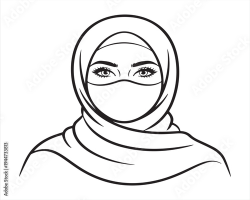 Hijab woman portrait with medical mask minimalist vector drawing