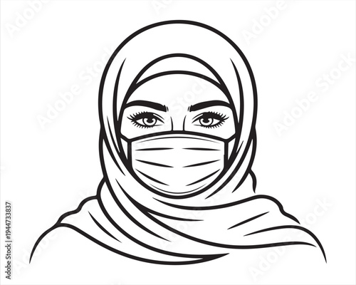 Muslim woman wearing hijab and face mask portrait line art illustration
