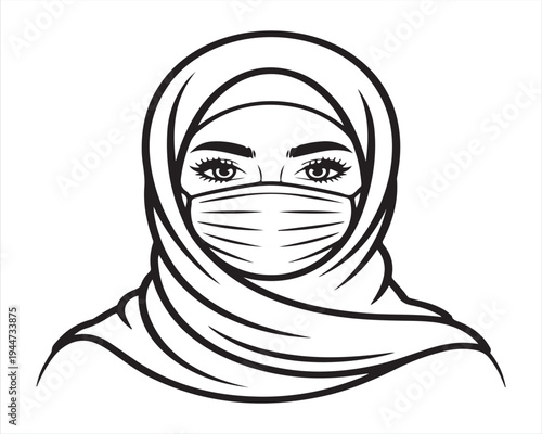 Muslim woman wearing hijab and face mask portrait line art illustration, modest female fashion and health protection concept, elegant minimal vector drawing isolated on white background