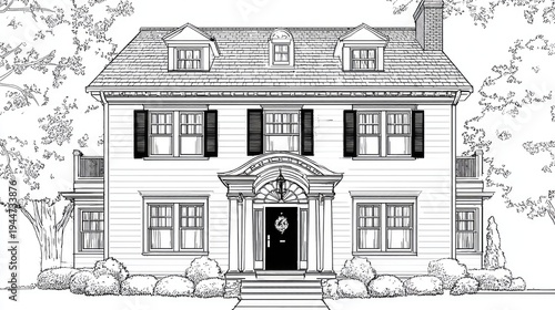 Classic two story residential dwelling facade illustrated with detailed black and white line art.