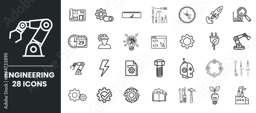 Comprehensive set of 28 engineering thin line icons covering robotics industrial mechanics sustainable energy and technical manufacturing symbols