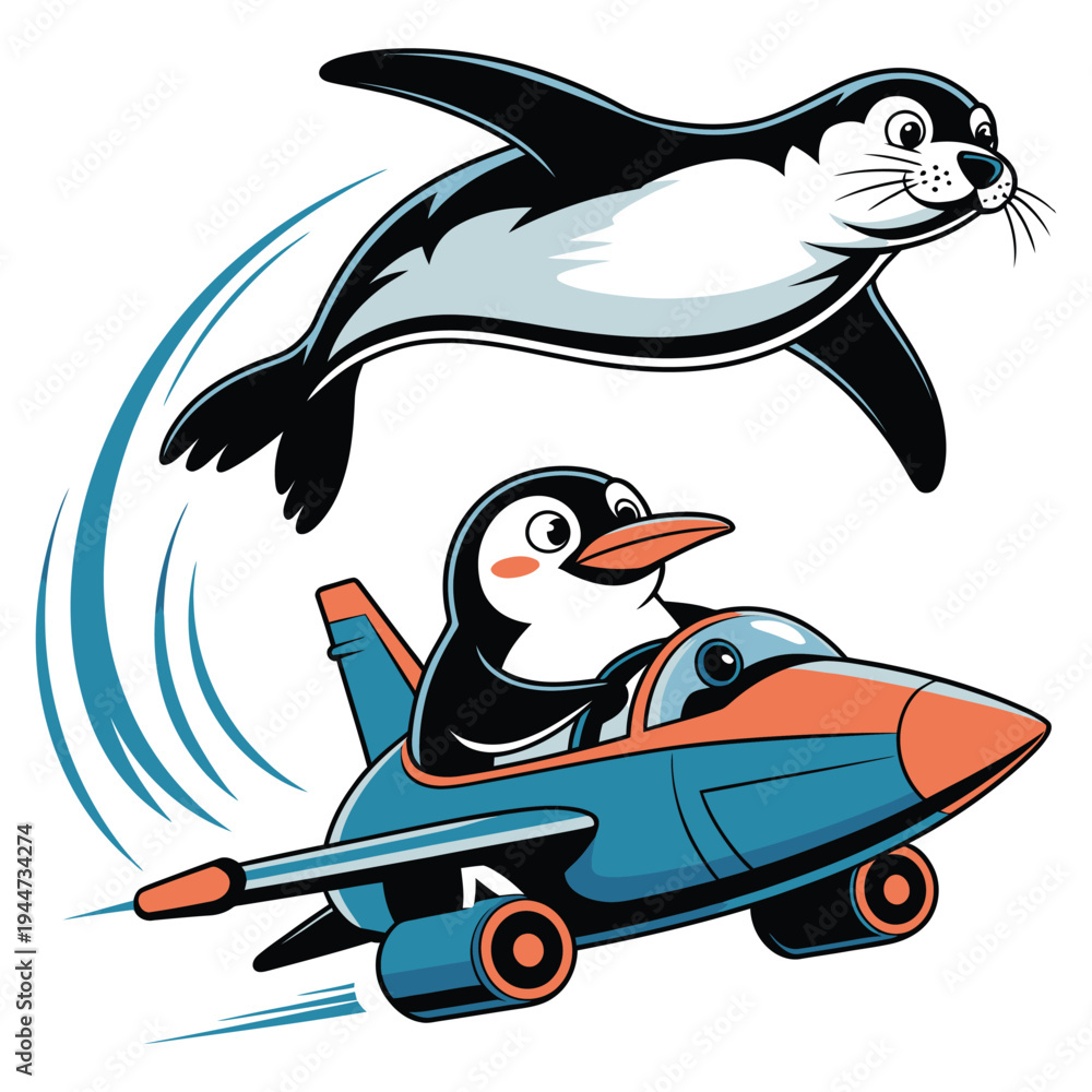 Fototapeta premium Penguin piloting jet with seal jumping above in playful cartoon scene, dynamic water splashes and speed lines