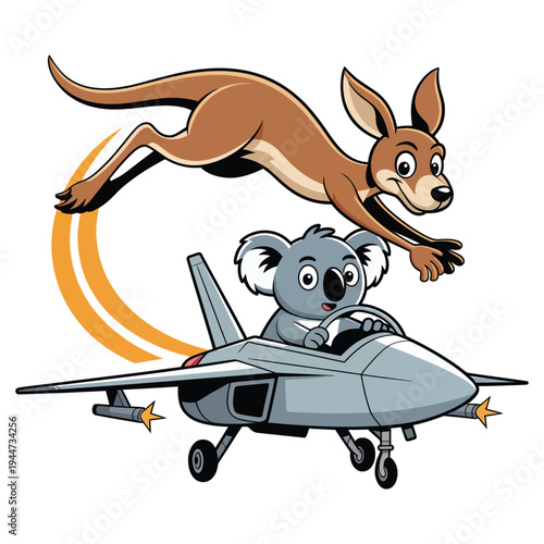 Koala drives jet airplane with kangaroo leaping high above during exciting aerial race, cartoon style