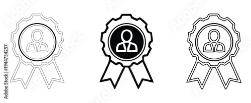 Three black and white illustrations of ribbons with icons