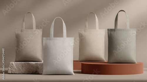 Four neutral colored fabric carryall bags displayed on minimalist pedestals with soft illumination