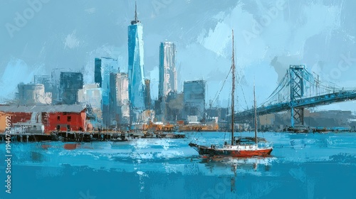 Impressionistic painting depicts a large city skyline across vibrant blue water with a sailboat in the foreground
