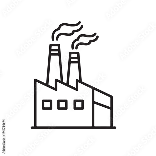  black outline of a manufacturing plant featuring tall chimneys with rising smoke to represent industrial production and environmental themes