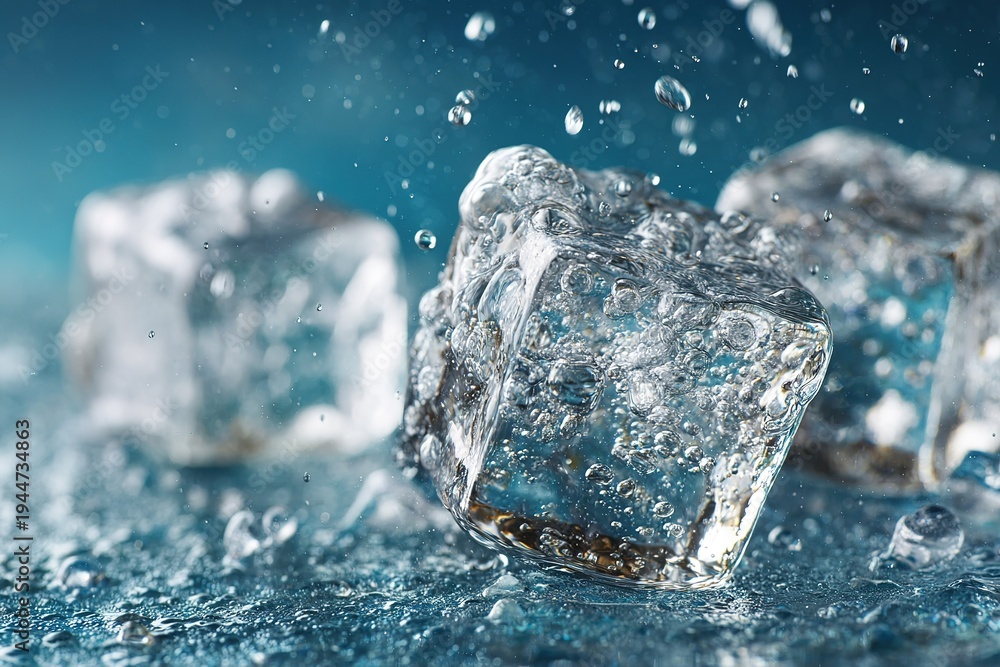 Obraz premium Underwater shot of crystal clear ice cubes falling into blue water