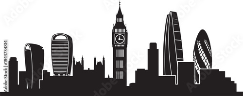 Iconic London cityscape silhouette featuring Big Ben and modern skyscrapers
