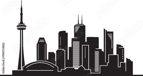 Modern city skyline silhouette graphic with prominent tower