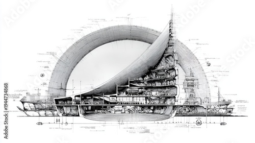 Detailed architectural blueprint illustrates a complex cross-section view of a futuristic marine structure with extensive internal compartments