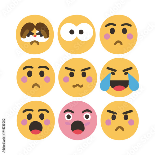 Collection of diverse facial expressions conveying emotions like sadness surprise anger and joy