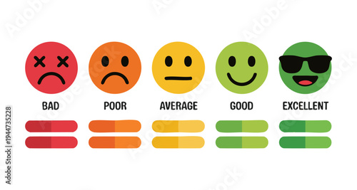 Customer satisfaction survey rating scale with colorful emoji icons from bad to excellent service