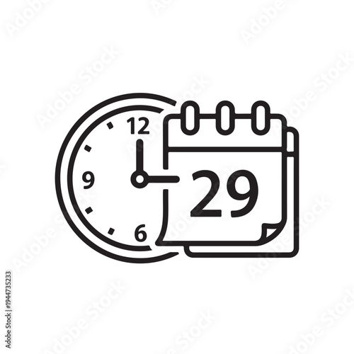 Minimalist black line icon of a calendar page with number 29 and a clock symbolizing appointment scheduling and time management