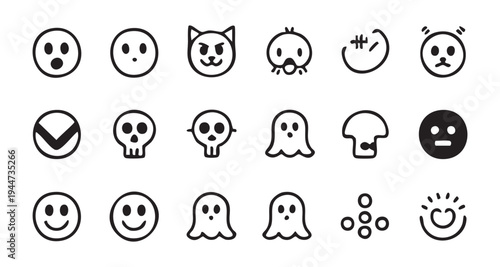 Abstract cartoon character icons featuring ghost skull and monster shapes with hand drawn aesthetic