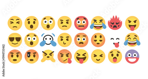 Set of expressive cartoon emoticons showing variety of emotions isolated on white background