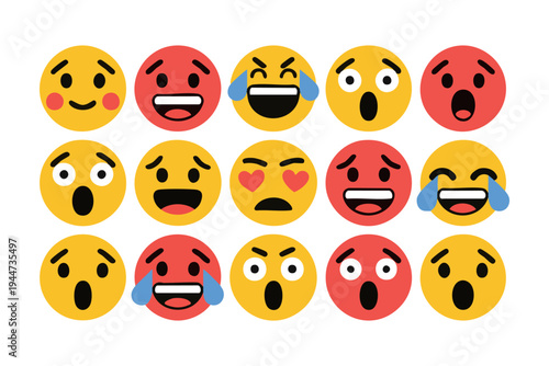 Set of expressive emoticons showing emotions from happy to surprised isolated on white background