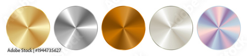Metallic radial gradient set combining shades of silver, gold, mother-of-pearl, bronze and aluminum with chrome highlights, holographic effect and steel. Vector smooth glossy texture
