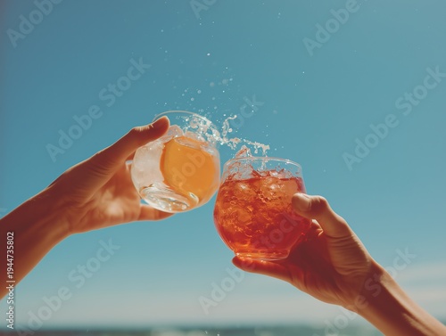 Two hands clinking colorful drinks against a bright blue sky, capturing a festive and joyful summer moment.