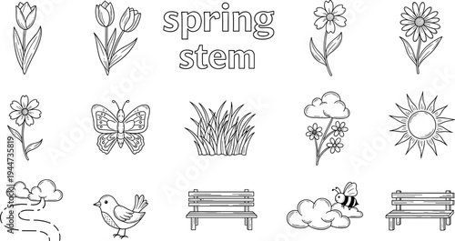 Collection of hand-drawn spring elements and nature icons in a simple line art style