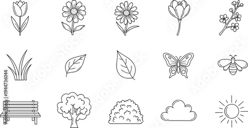 Collection of simple line art icons representing nature and park elements
