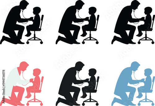 Pediatric doctor examining child vector, healthcare professional checking young patient with stethoscope in hospital medical care illustration.