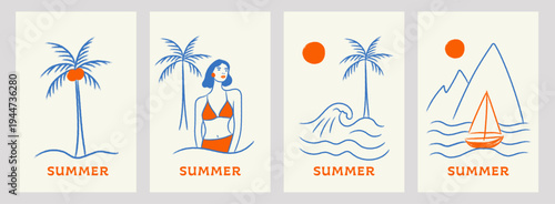 Doodle hand-drawn crayon playful naive vector minimalist summer posters set: palm with coconuts, woman in a bikini by a palm, waves under a tree, sailboat before mountains, perfect for summer designs.
