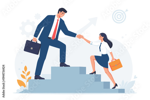 Big businessman assisting a beginner businesswoman on her career path. Concept of mentorship, leadership, and professional growth. Corporate ladder, support, and success vector illustration.
