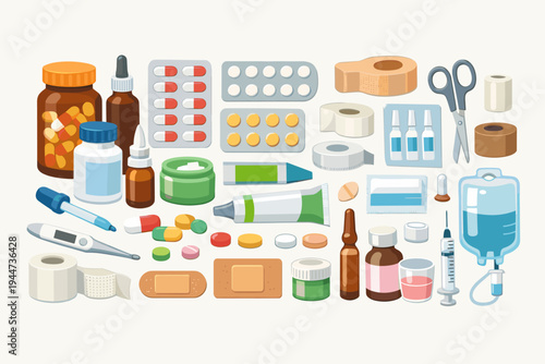 Comprehensive Medical Kit Vector Illustration with Pill Bottles, Blister Packs, Capsules, Bandages, Thermometer, Syringe, IV Bag, and Ointment Tubes for Healthcare and Pharmacy Concepts