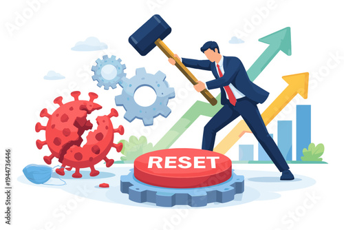 Businessman hitting a reset button with a sledgehammer to restart the economy after the COVID-19 pandemic lockdown. Vector illustration of financial recovery, growth charts, and broken virus.