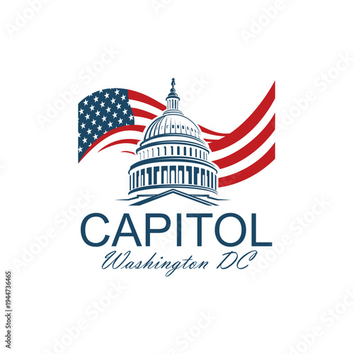 United States Capitol building icon in Washington DC and flag isolated on white background