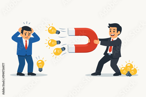 Businessman Using a Large Horseshoe Magnet to Steal Creative Light Bulb Ideas from a Distressed Rival Colleague, Concept of Intellectual Property Theft, Plagiarism, and Unfair Business Competition.